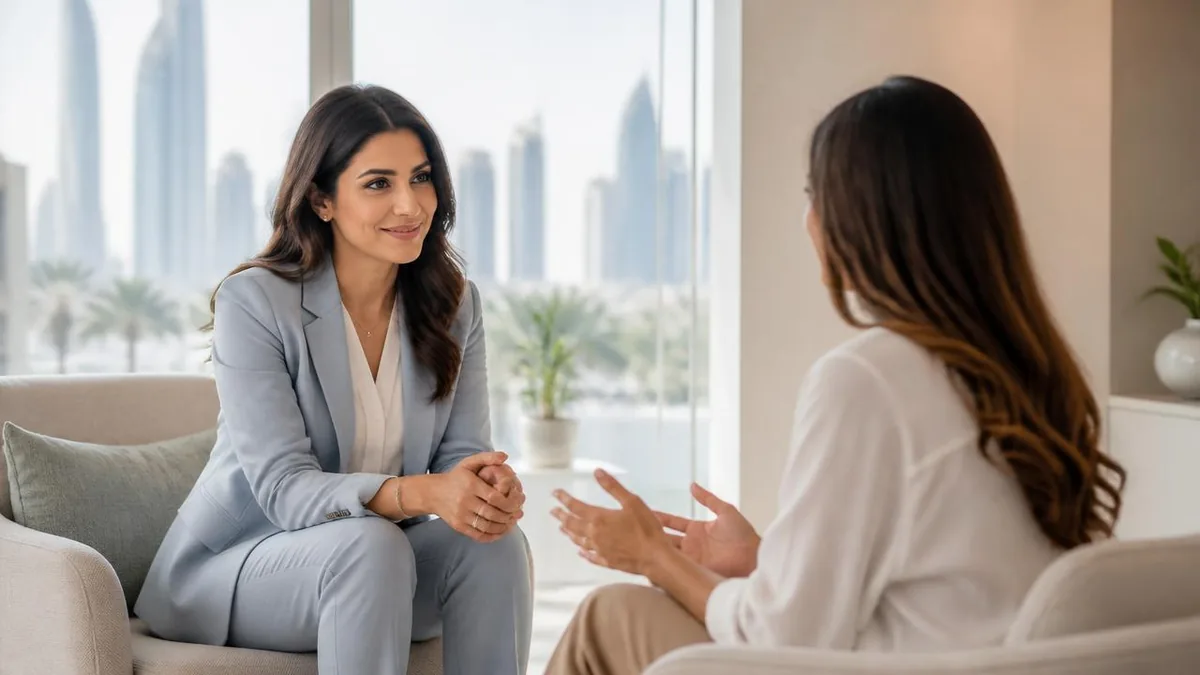 A woman speaking with a counsellor about pregnancy loss at Health Call Clinic Dubai