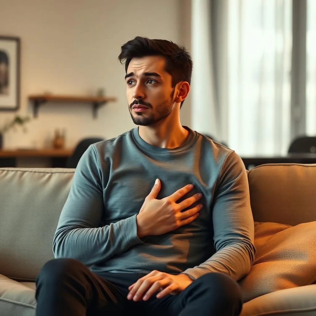 Adult sitting on a sofa looking pensive with a hand on chest, reflecting subtle anxiety