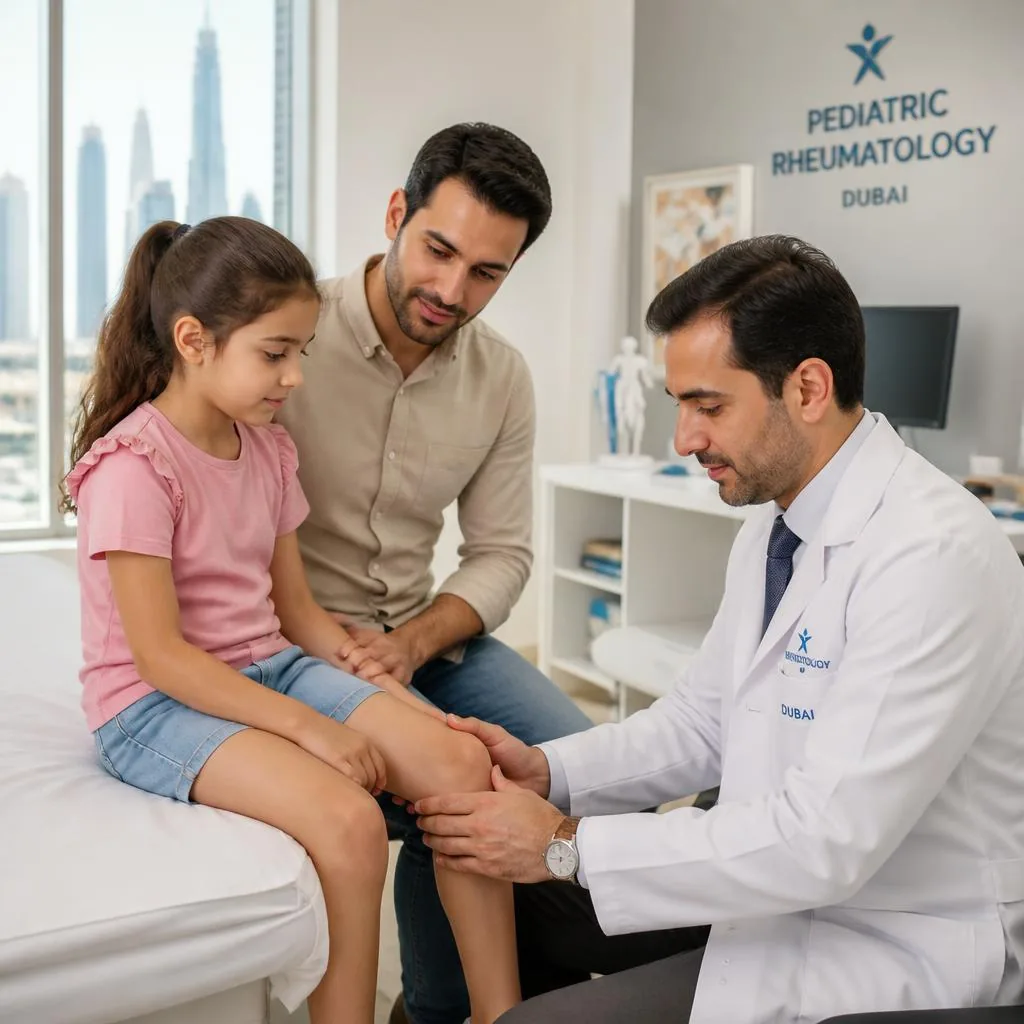 A young child with her parents at a paediatric rheumatology consultation in Dubai