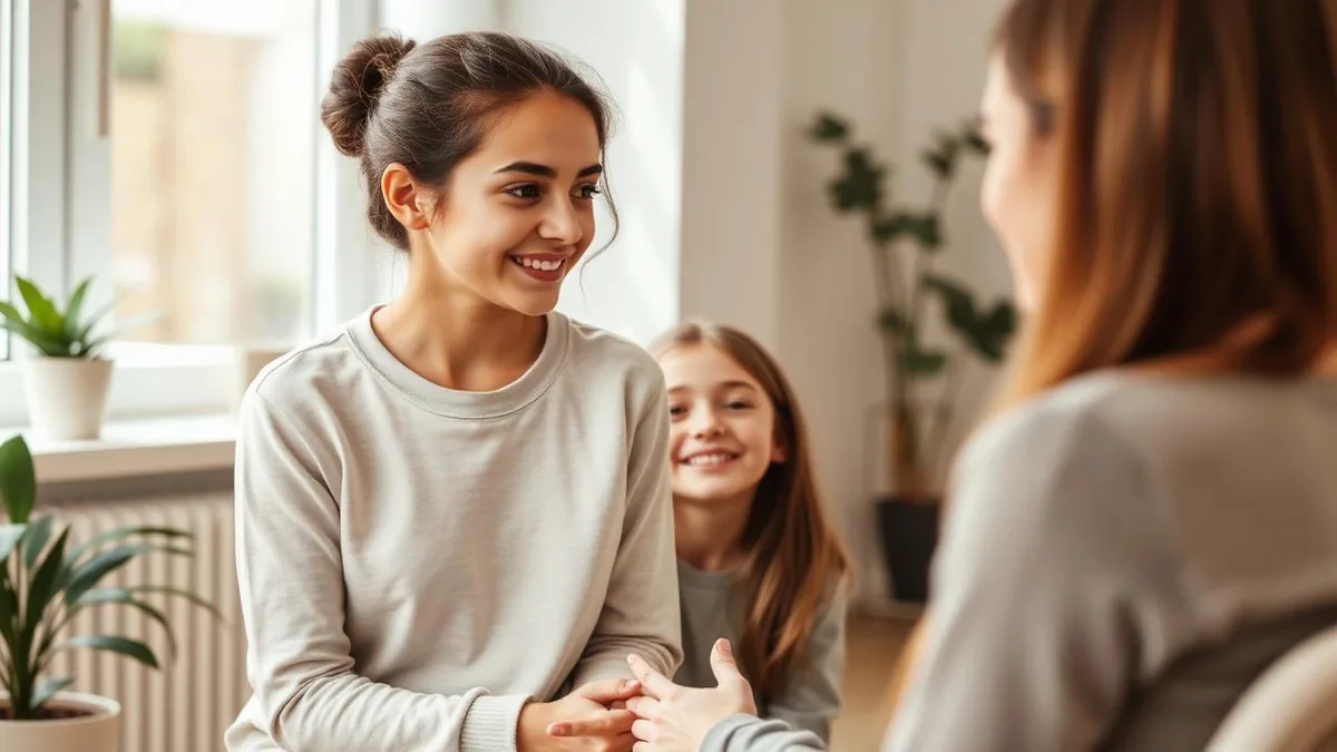 Teenage girl talking with a female counsellor in a bright consulting room during an adolescent mental health session