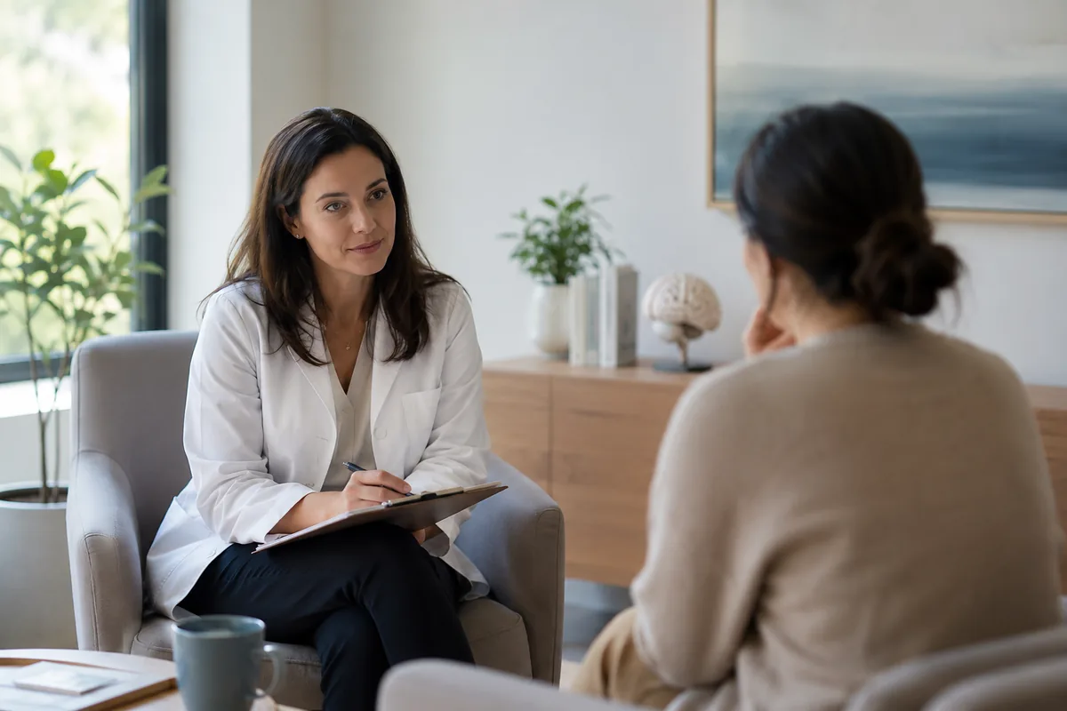 Consultant psychiatrist listening compassionately to a patient during a trauma-focused mental health consultation in Dubai