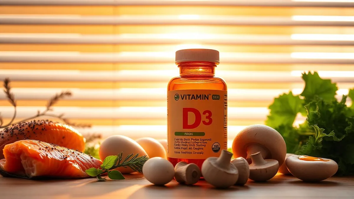 Vitamin D capsules beside oily fish, eggs and fortified milk — dietary sources that support bone and joint health