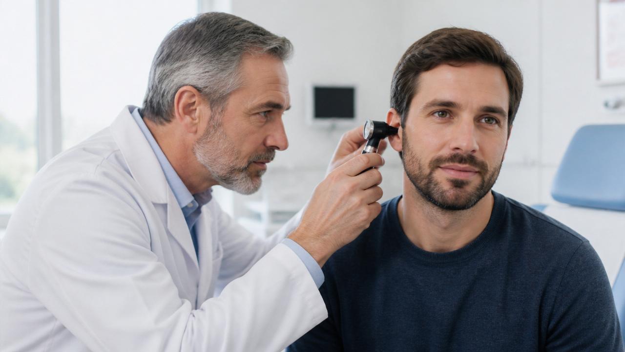 Doctor examining a patient's ear with an otoscope alongside an illustration of inflamed blood vessels around the ear and sinuses