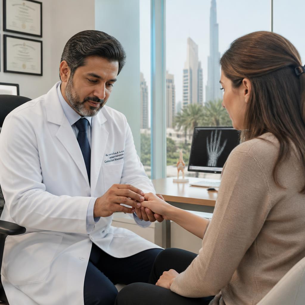 Consultant rheumatologist examining a patient's hand joints at Health Call Clinic in Dubai