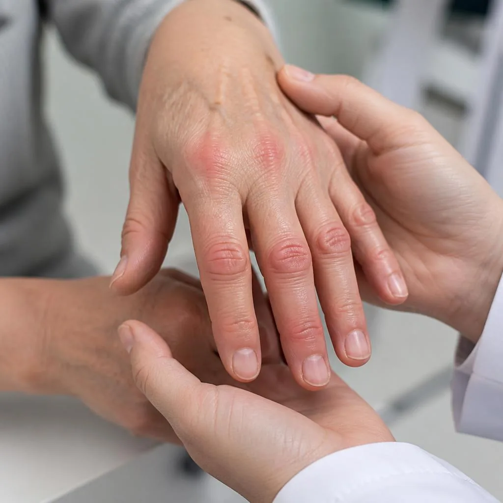 Close-up of a woman's swollen finger joints — a warning sign to see a rheumatologist