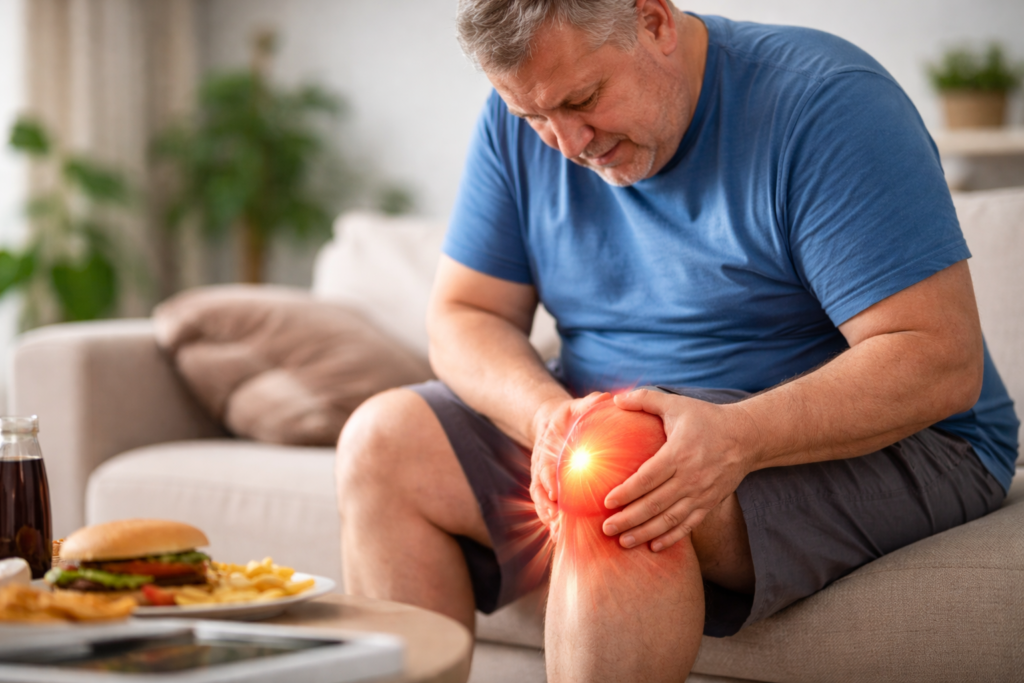 Overweight person experiencing knee joint pain and inflammation due to excess body